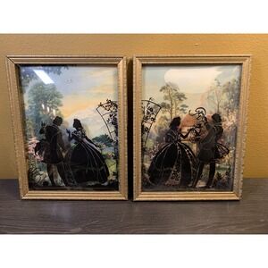 Vintage Set Reverse Painted Silhouette Victorian Couple Convex Bubble Glass 8x6